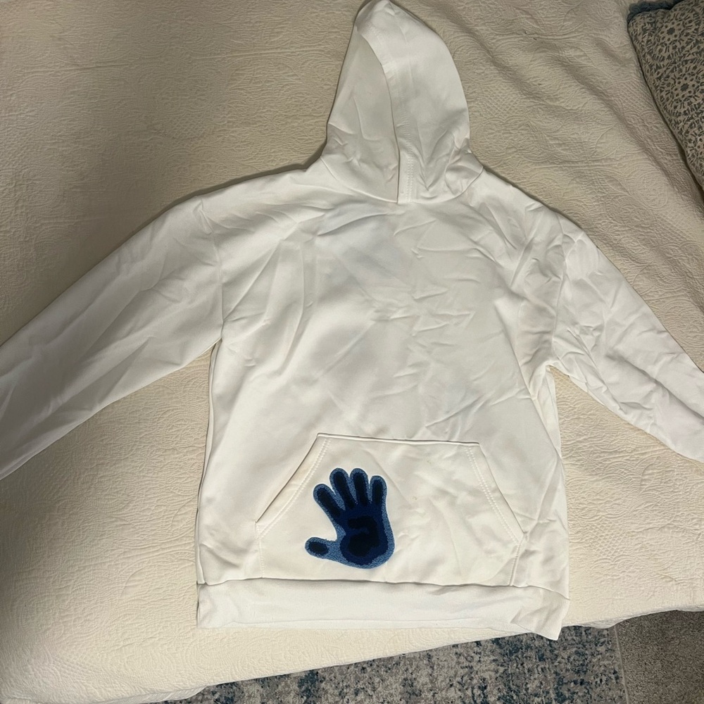 White Hoodie with Blue Handprint
